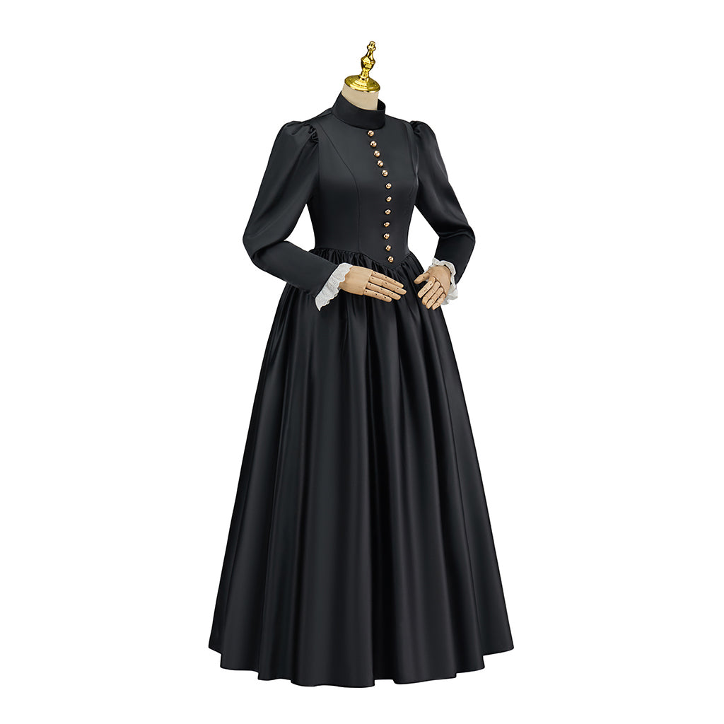 Victorian Inspired Black Long Sleeve Maxi Dress for Gothic Themed Gatherings Historical Reenactments Halloween Victorian Era Events