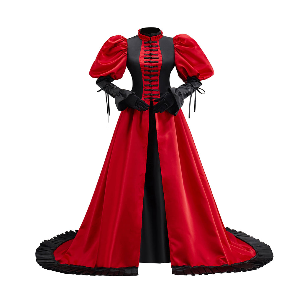 Victorian Gothic Inspired Red Maxi Dress with Black Trim Puff Sleeves and Train for Gothic Themed Gatherings Historical Reenactments Halloween