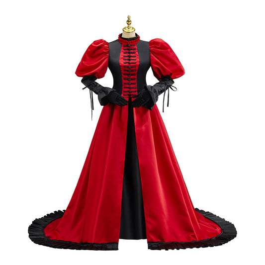 Victorian Gothic Inspired Red Maxi Dress with Black Trim Puff Sleeves and Train for Gothic Themed Gatherings Historical Reenactments Halloween