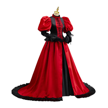 Victorian Gothic Inspired Red Maxi Dress with Black Trim Puff Sleeves and Train for Gothic Themed Gatherings Historical Reenactments Halloween