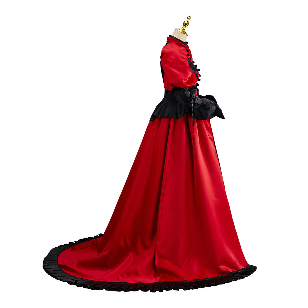 Victorian Gothic Inspired Red Maxi Dress with Black Trim Puff Sleeves and Train for Gothic Themed Gatherings Historical Reenactments Halloween