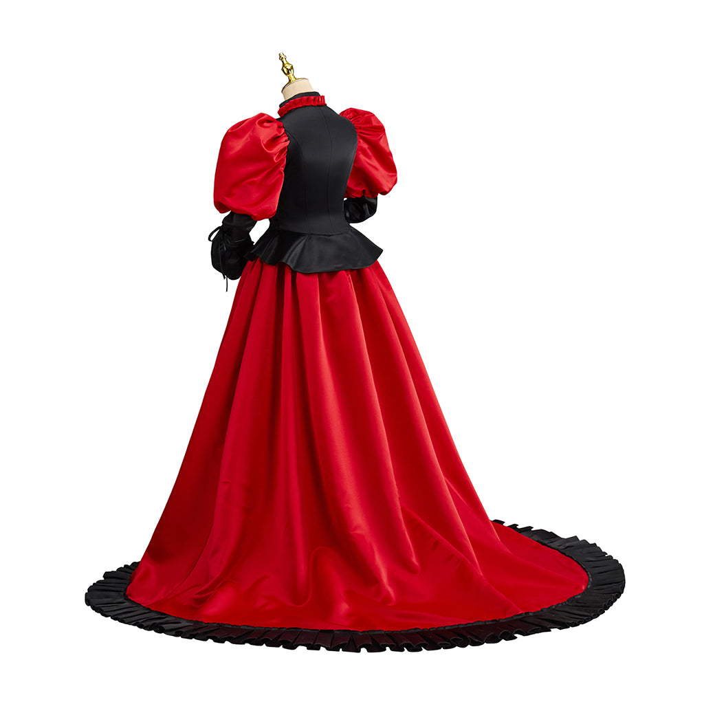 Victorian Gothic Inspired Red Maxi Dress with Black Trim Puff Sleeves and Train for Gothic Themed Gatherings Historical Reenactments Halloween
