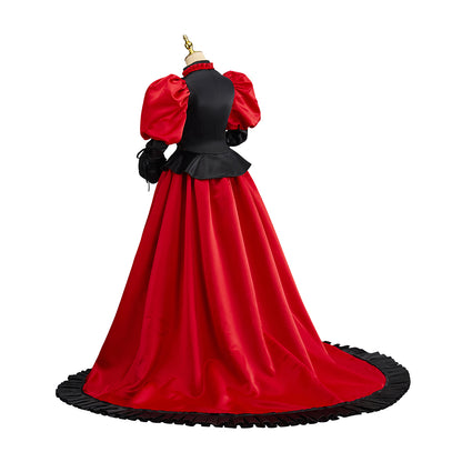Victorian Gothic Inspired Red Maxi Dress with Black Trim Puff Sleeves and Train for Gothic Themed Gatherings Historical Reenactments Halloween