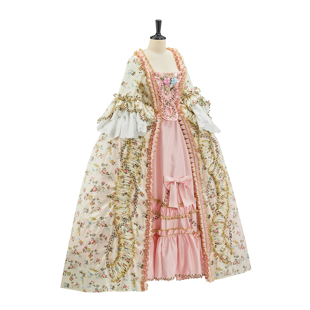Rococo Inspired Pink Brocade Gown with Gold Embellishments and Layered Skirt for Halloween Christmas Themed Galas