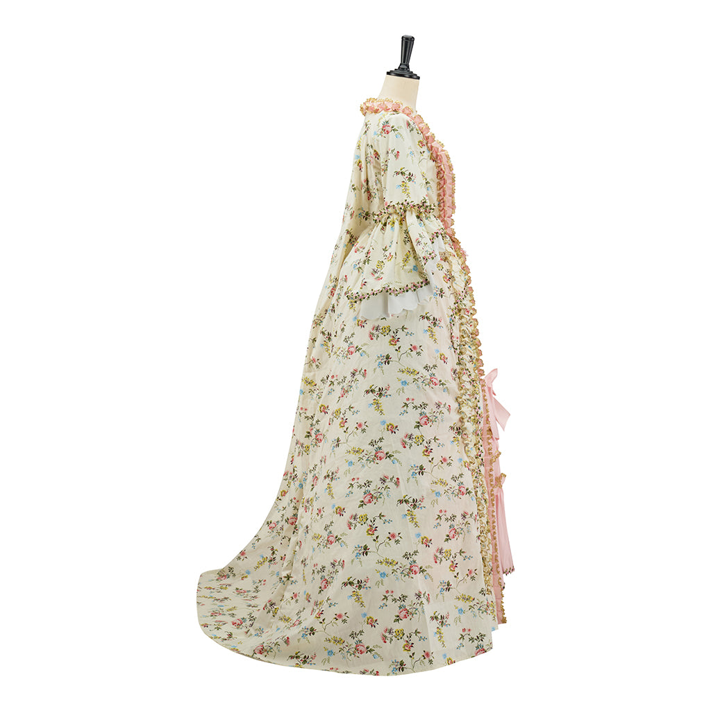 Rococo Inspired Pink Brocade Gown with Gold Embellishments and Layered Skirt for Halloween Christmas Themed Galas