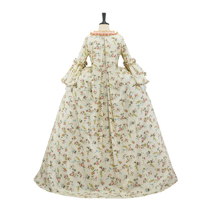 Rococo Inspired Pink Brocade Gown with Gold Embellishments and Layered Skirt for Halloween Christmas Themed Galas