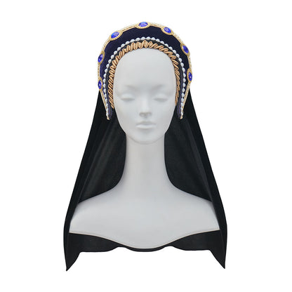 Tudor Inspired Ornate Bejeweled Headband with Black Veil for Historical Reenactments Tudor Themed Gatherings Cosplay Halloween Christmas