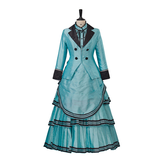 Medieval Style Teal Gown with Black Trim Double Breasted Design for Historical Reenactments Halloween or Christmas