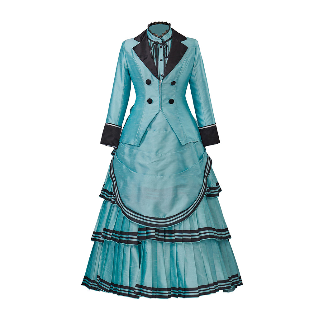 Medieval Style Teal Gown with Black Trim Double Breasted Design for Historical Reenactments Halloween or Christmas
