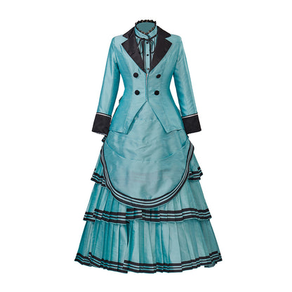 Medieval Style Teal Gown with Black Trim Double Breasted Design for Historical Reenactments Halloween or Christmas