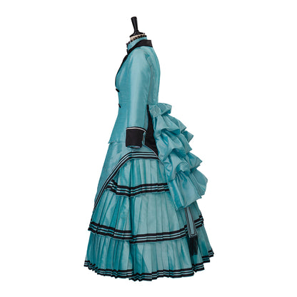 Medieval Style Teal Gown with Black Trim Double Breasted Design for Historical Reenactments Halloween or Christmas