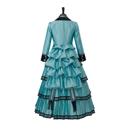 Medieval Style Teal Gown with Black Trim Double Breasted Design for Historical Reenactments Halloween or Christmas