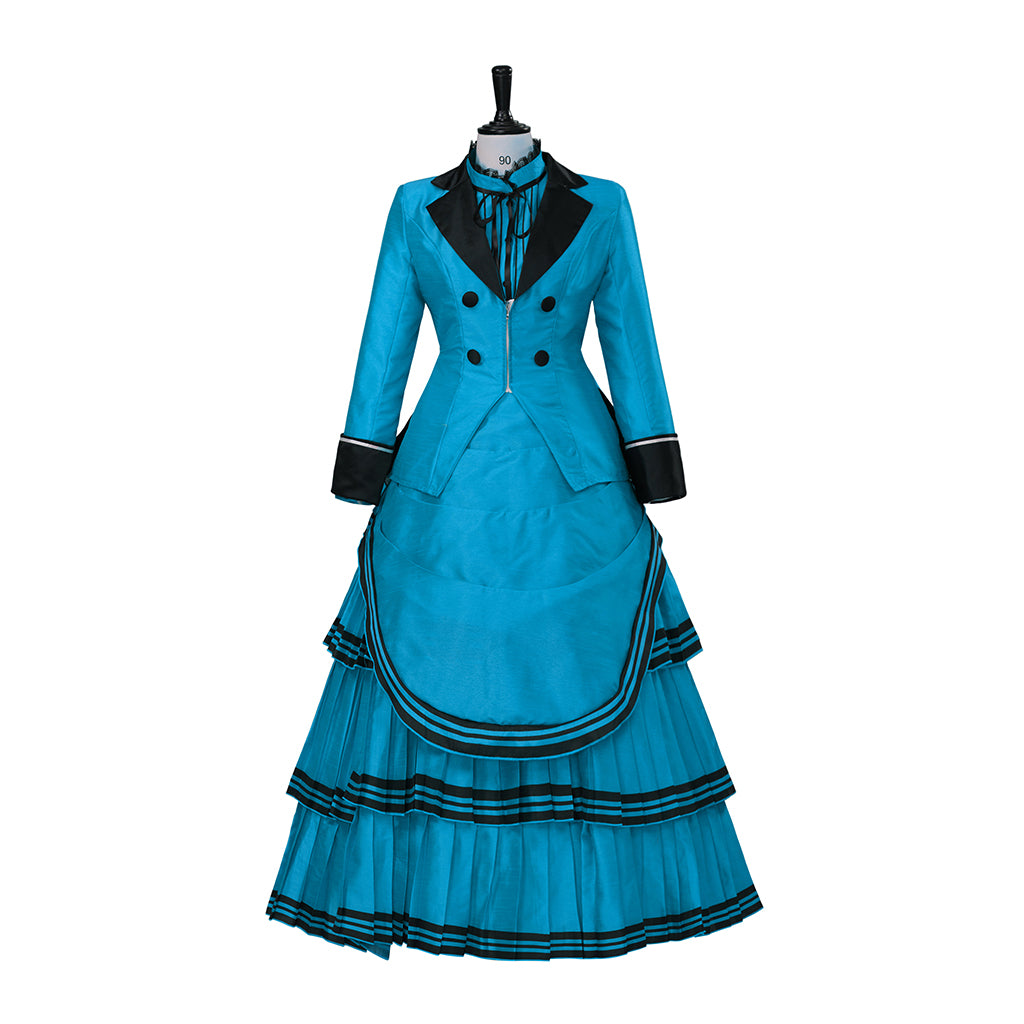Medieval Style Teal Gown with Black Trim Double Breasted Design for Historical Reenactments Halloween or Christmas