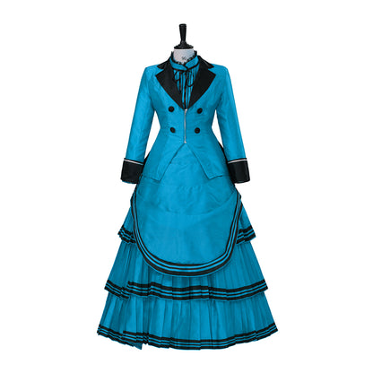 Medieval Style Teal Gown with Black Trim Double Breasted Design for Historical Reenactments Halloween or Christmas