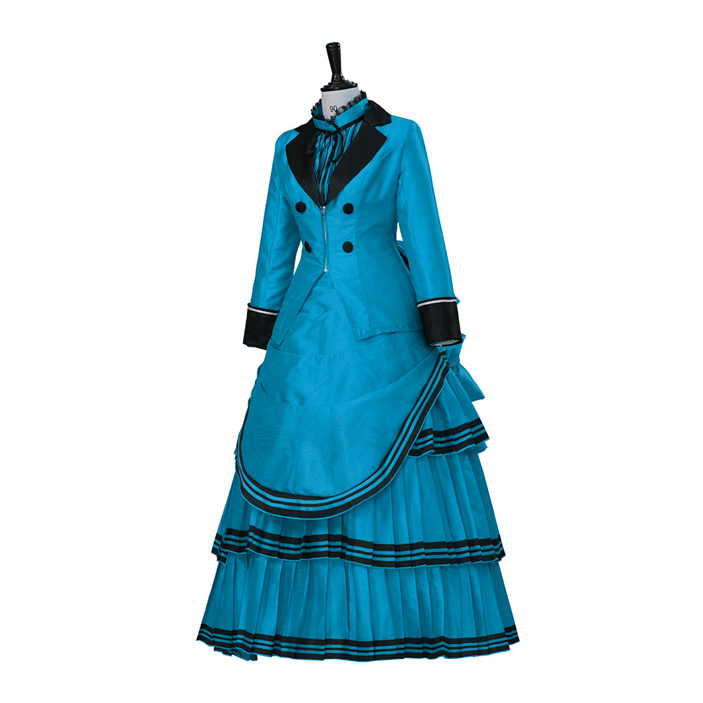 Medieval Style Teal Gown with Black Trim Double Breasted Design for Historical Reenactments Halloween or Christmas