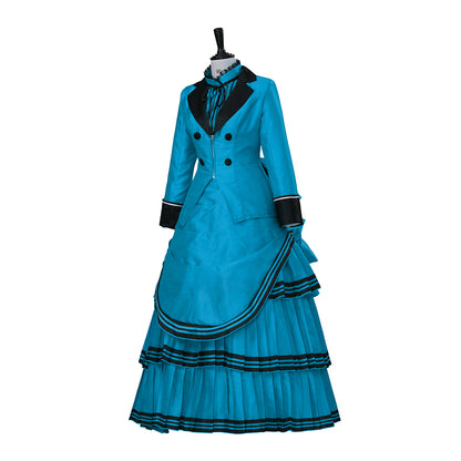 Medieval Style Teal Gown with Black Trim Double Breasted Design for Historical Reenactments Halloween or Christmas