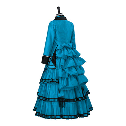 Medieval Style Teal Gown with Black Trim Double Breasted Design for Historical Reenactments Halloween or Christmas