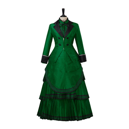Medieval Style Teal Gown with Black Trim Double Breasted Design for Historical Reenactments Halloween or Christmas