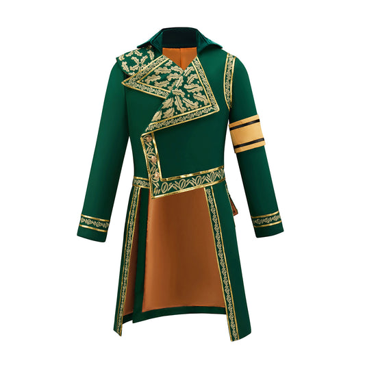 Renaissance Inspired Green Long Coat with White Ornate Trim and Orange Accents for Historical Reenactments Halloween Christmas