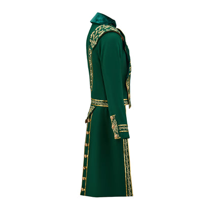 Renaissance Inspired Green Long Coat with White Ornate Trim and Orange Accents for Historical Reenactments Halloween Christmas