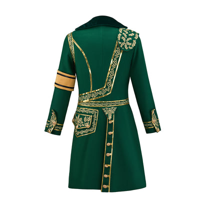 Renaissance Inspired Green Long Coat with White Ornate Trim and Orange Accents for Historical Reenactments Halloween Christmas
