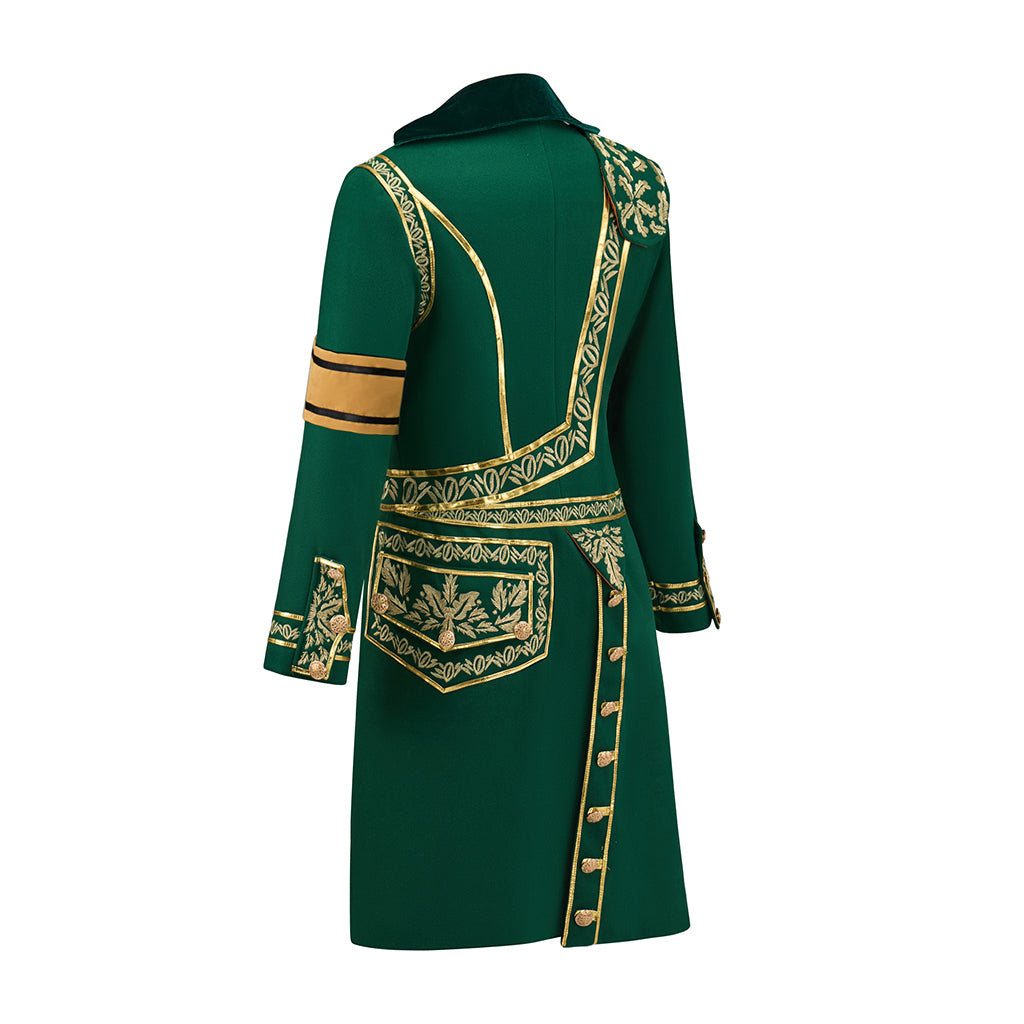 Renaissance Inspired Green Long Coat with White Ornate Trim and Orange Accents for Historical Reenactments Halloween Christmas