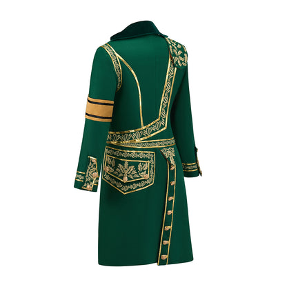 Renaissance Inspired Green Long Coat with White Ornate Trim and Orange Accents for Historical Reenactments Halloween Christmas
