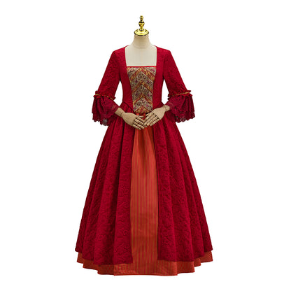 Renaissance Inspired Crimson Red Satin Gown with Puff Sleeves and Corset Waistfor Victorian Historical Reenactments Gothic  Halloween Christmas