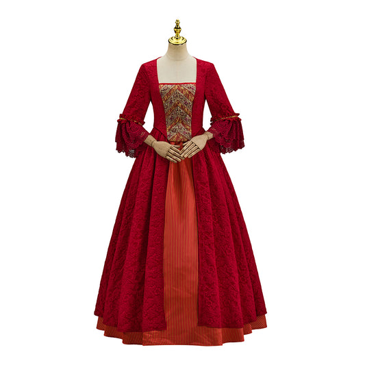 Renaissance Inspired Crimson Red Satin Gown with Puff Sleeves and Corset Waistfor Victorian Historical Reenactments Gothic  Halloween Christmas