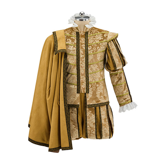 Renaissance Inspired Embroidered Gold Brocade Ensemble with Matching Cape  for Gothic Themed Gatherings Historical Reenactments Halloween Victorian Era Events