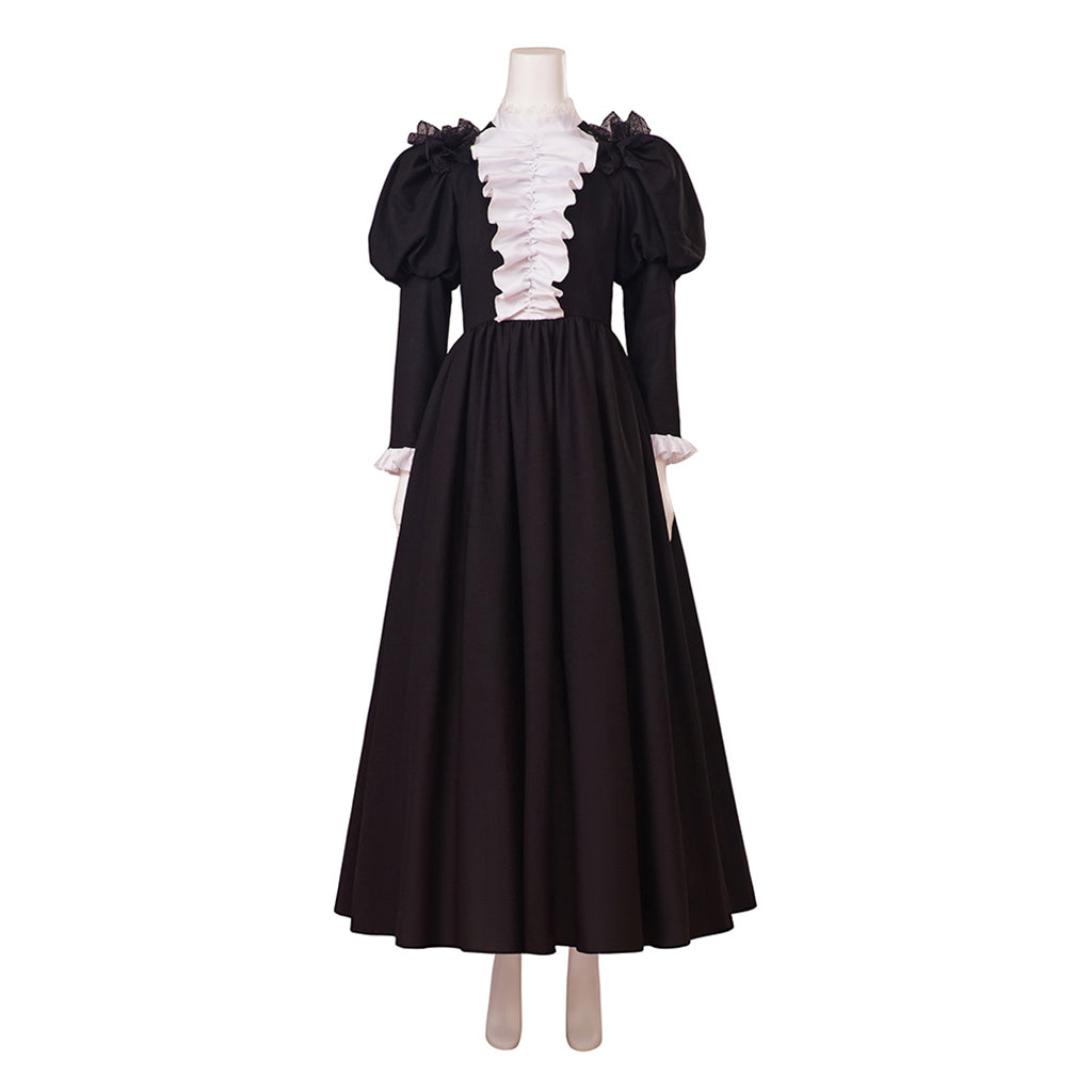 Medieval Style Black Maxi Gown with Puffed Sleeves, White Ruffled Neckline and Cuffs for Historical Reenactments Cosplay Events Halloween Christmas
