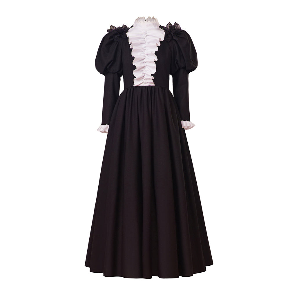 Medieval Style Black Maxi Gown with Puffed Sleeves, White Ruffled Neckline and Cuffs for Historical Reenactments Cosplay Events Halloween Christmas