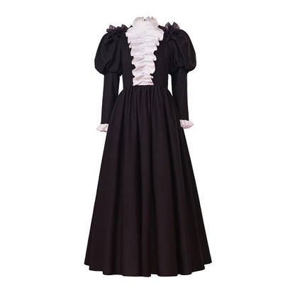 Medieval Style Black Maxi Gown with Puffed Sleeves, White Ruffled Neckline and Cuffs for Historical Reenactments Cosplay Events Halloween Christmas