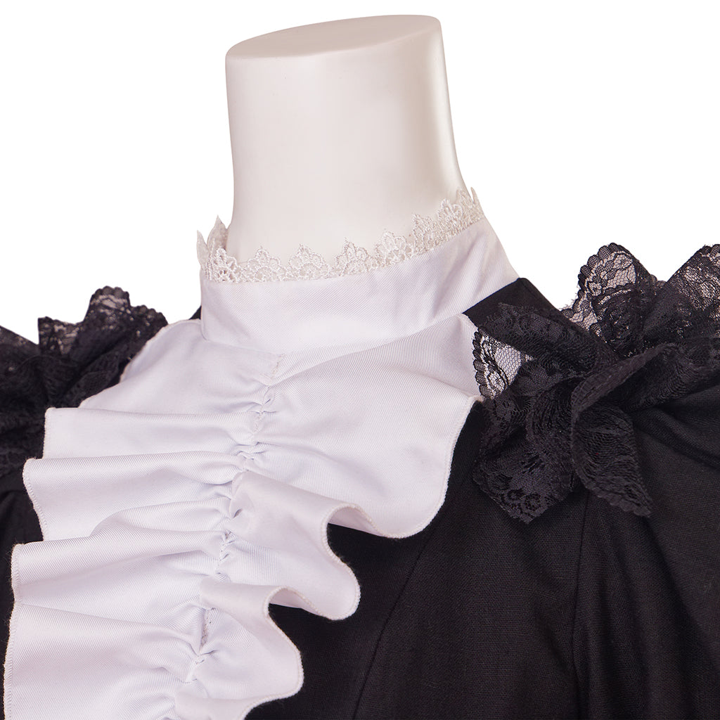 Medieval Style Black Maxi Gown with Puffed Sleeves, White Ruffled Neckline and Cuffs for Historical Reenactments Cosplay Events Halloween Christmas