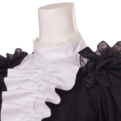 Medieval Style Black Maxi Gown with Puffed Sleeves, White Ruffled Neckline and Cuffs for Historical Reenactments Cosplay Events Halloween Christmas