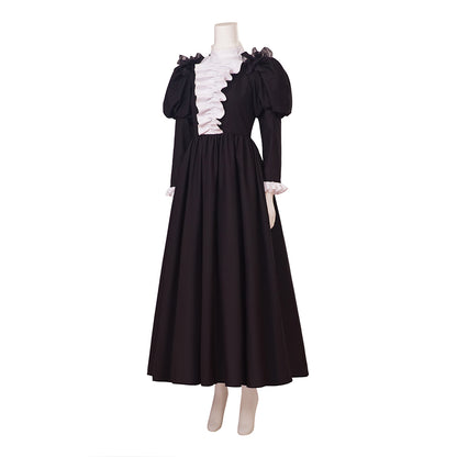 Medieval Style Black Maxi Gown with Puffed Sleeves, White Ruffled Neckline and Cuffs for Historical Reenactments Cosplay Events Halloween Christmas
