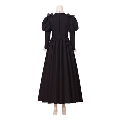 Medieval Style Black Maxi Gown with Puffed Sleeves, White Ruffled Neckline and Cuffs for Historical Reenactments Cosplay Events Halloween Christmas