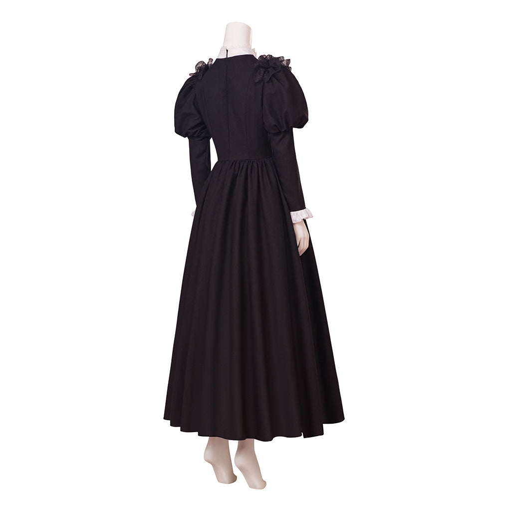 Medieval Style Black Maxi Gown with Puffed Sleeves, White Ruffled Neckline and Cuffs for Historical Reenactments Cosplay Events Halloween Christmas