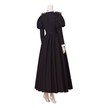 Medieval Style Black Maxi Gown with Puffed Sleeves, White Ruffled Neckline and Cuffs for Historical Reenactments Cosplay Events Halloween Christmas