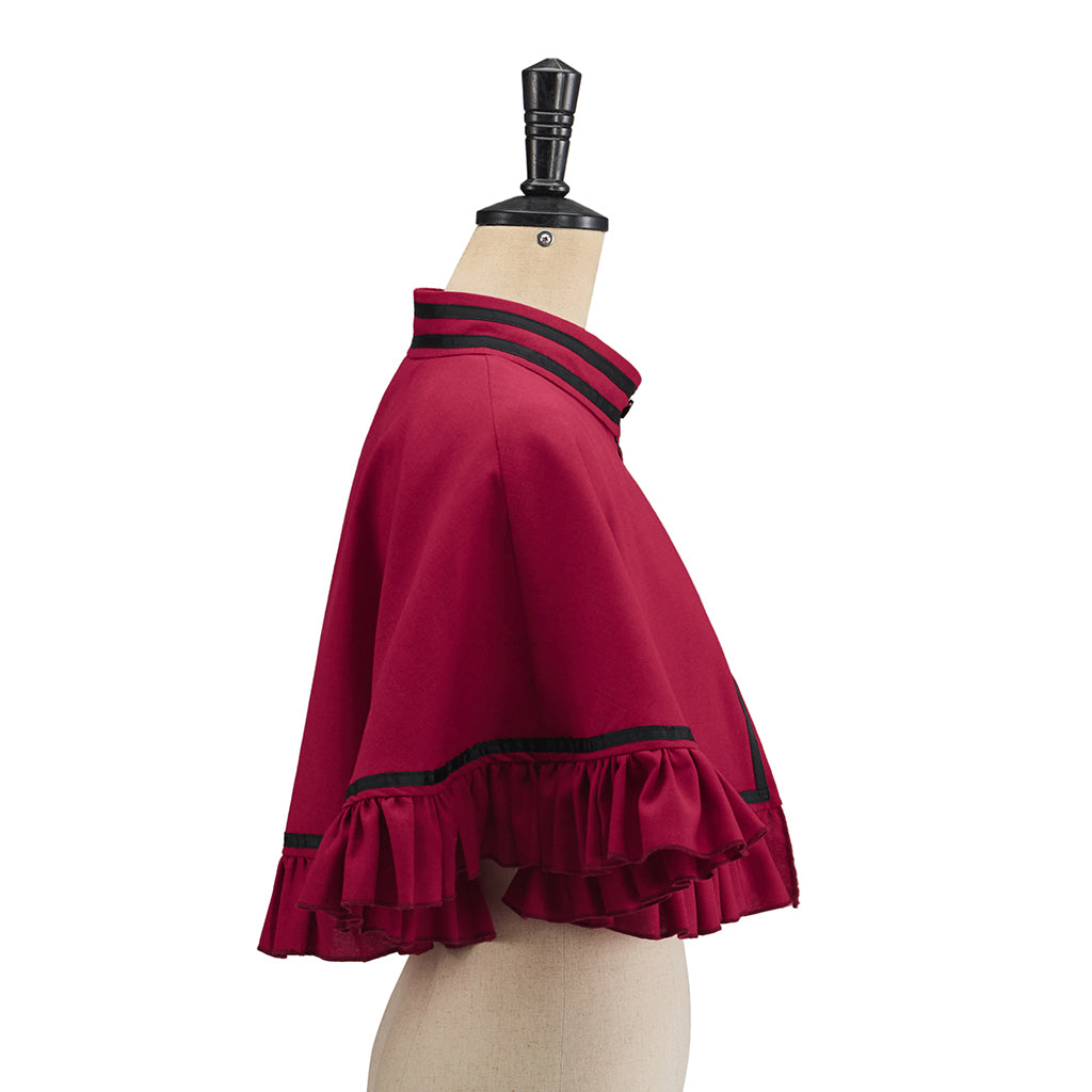 Medieval Short Cloak in Crimson with Black Trim and Ruffled Edges for Historical Reenactments Medieval Themed Parties Halloween Christmas Cosplay Events
