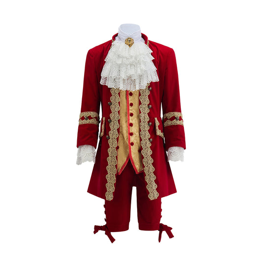 Baroque Style Red Court Suit with Gold Embellishments for Historical Reenactments Halloween Christmas Costumes Cosplay Events