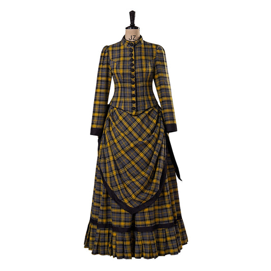 Medieval Style Black and Yellow Plaid Gown with High Waisted Design Ruffled Tiered Skirt for Victorian Themed Parties Halloween
