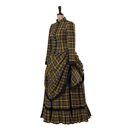 Medieval Style Black and Yellow Plaid Gown with High Waisted Design Ruffled Tiered Skirt for Victorian Themed Parties Halloween