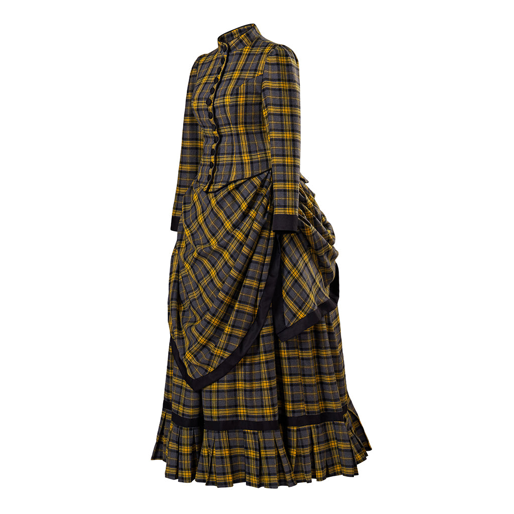 Medieval Style Black and Yellow Plaid Gown with High Waisted Design Ruffled Tiered Skirt for Victorian Themed Parties Halloween
