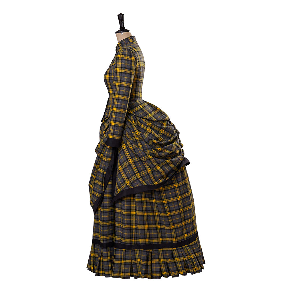Medieval Style Black and Yellow Plaid Gown with High Waisted Design Ruffled Tiered Skirt for Victorian Themed Parties Halloween
