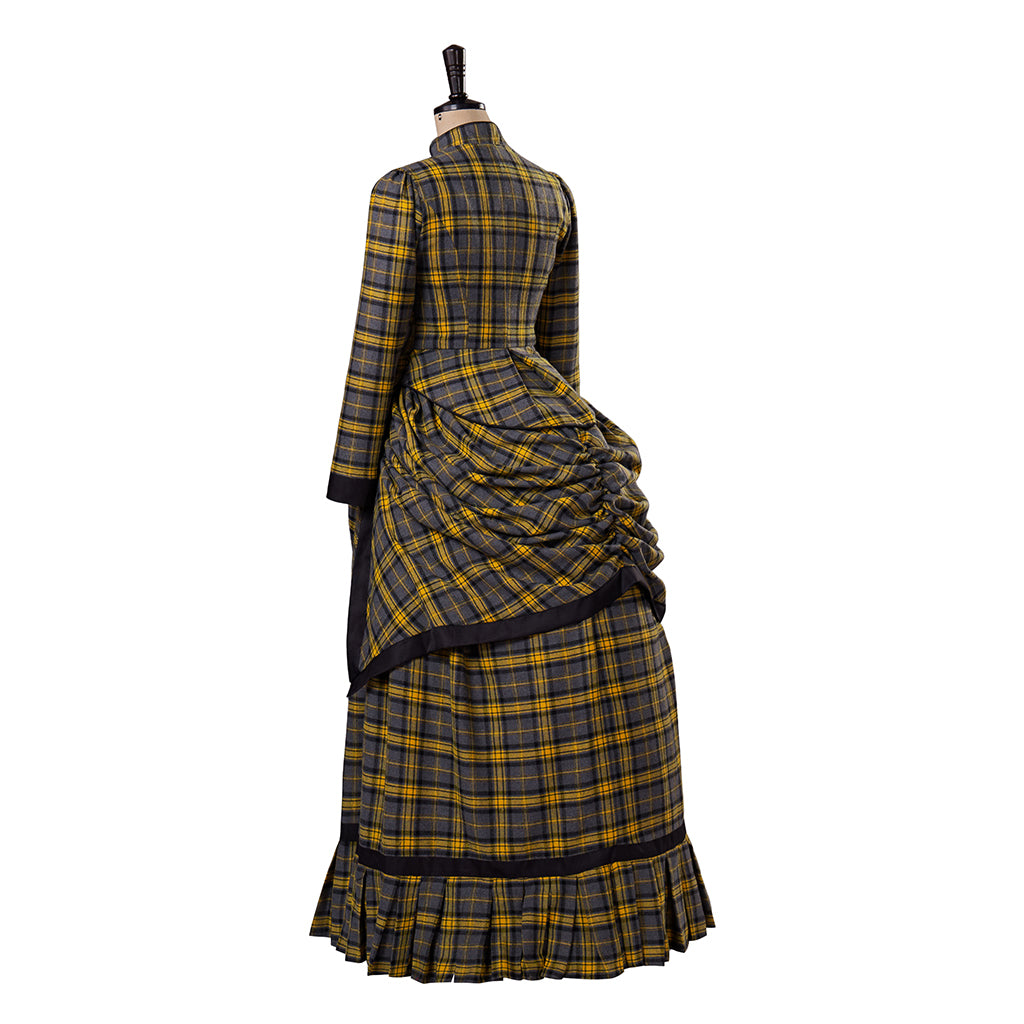 Medieval Style Black and Yellow Plaid Gown with High Waisted Design Ruffled Tiered Skirt for Victorian Themed Parties Halloween