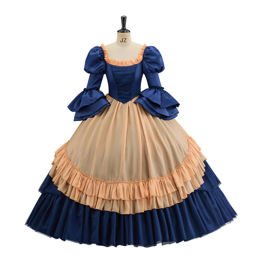 Victorian Inspired Navy Blue and Beige Gown with Puff Sleeves and Layered Skirt for Historical Reenactments Halloween  Christmas