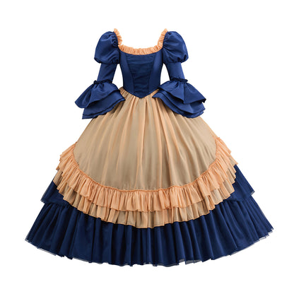 Victorian Inspired Navy Blue and Beige Gown with Puff Sleeves and Layered Skirt for Historical Reenactments Halloween  Christmas