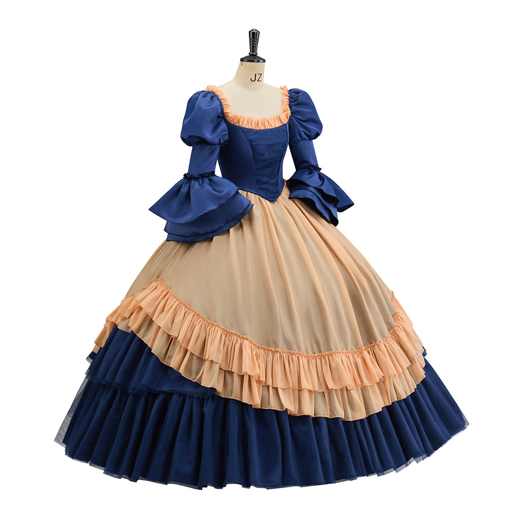 Victorian Inspired Navy Blue and Beige Gown with Puff Sleeves and Layered Skirt for Historical Reenactments Halloween  Christmas