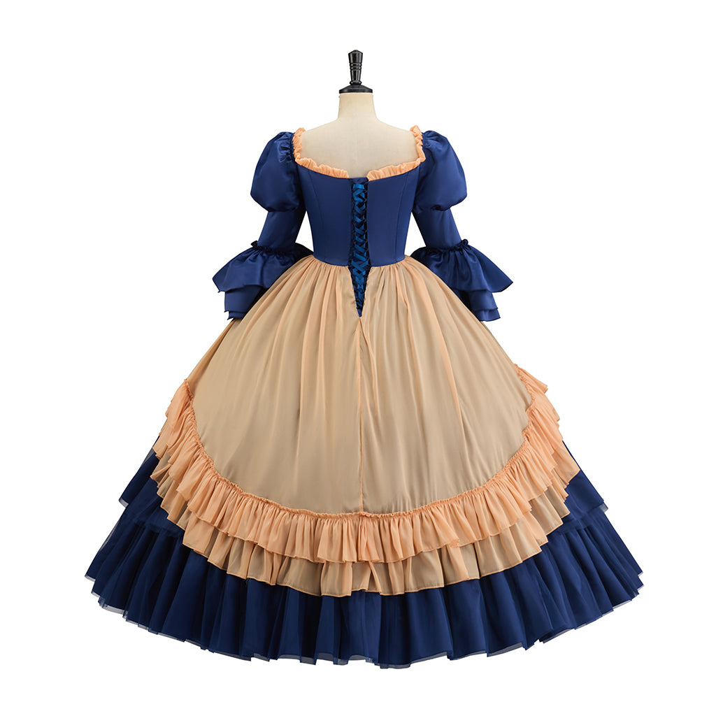 Victorian Inspired Navy Blue and Beige Gown with Puff Sleeves and Layered Skirt for Historical Reenactments Halloween  Christmas